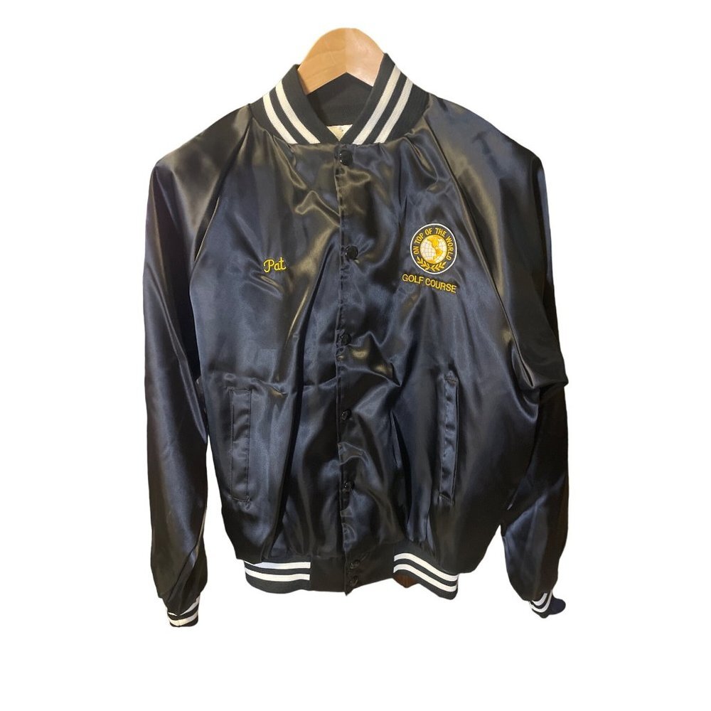 Auburn Sportswear Black Satin Made in the USA Snap Front Athletic Jacket Sz M